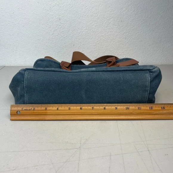 Levenger Tote Bag Denim Leather Trim 6 Pockets Purse Satchel Bucket Boho Pack